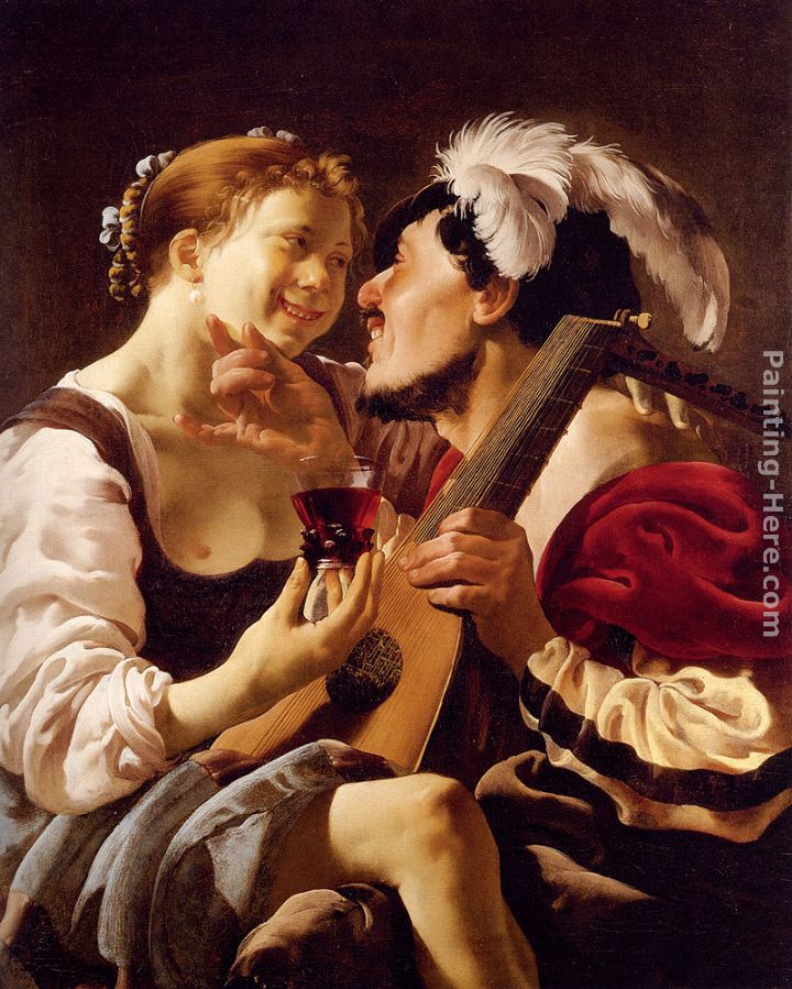 A Luteplayer Carousing With A Young Woman Holding A Roemer painting - Hendrick Terbrugghen A Luteplayer Carousing With A Young Woman Holding A Roemer art painting